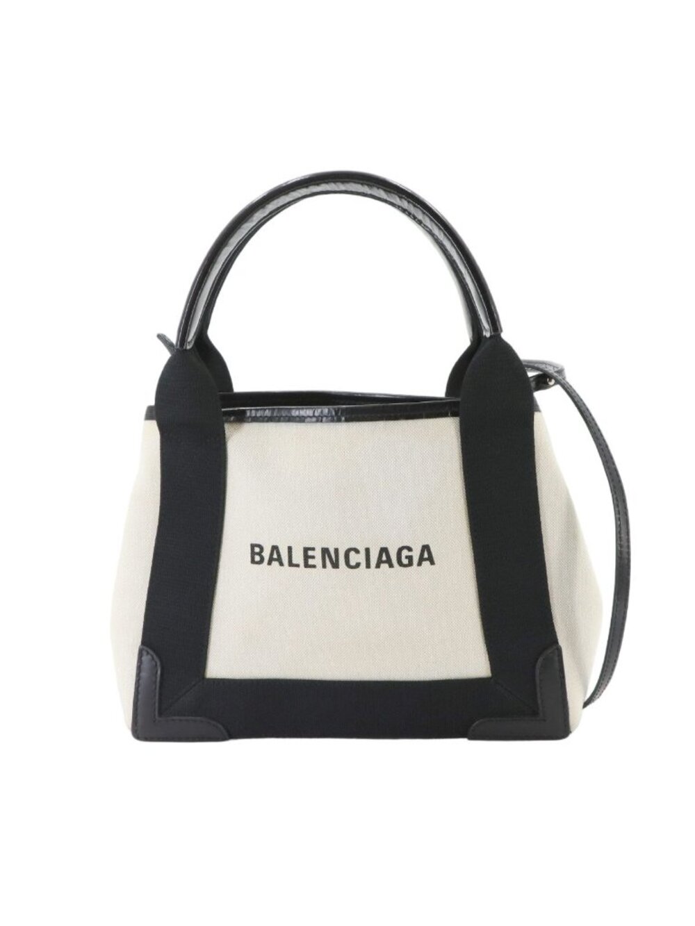 Balenciaga Navy Cabas XS Tote Bag Leather Canvas Beige Silver
